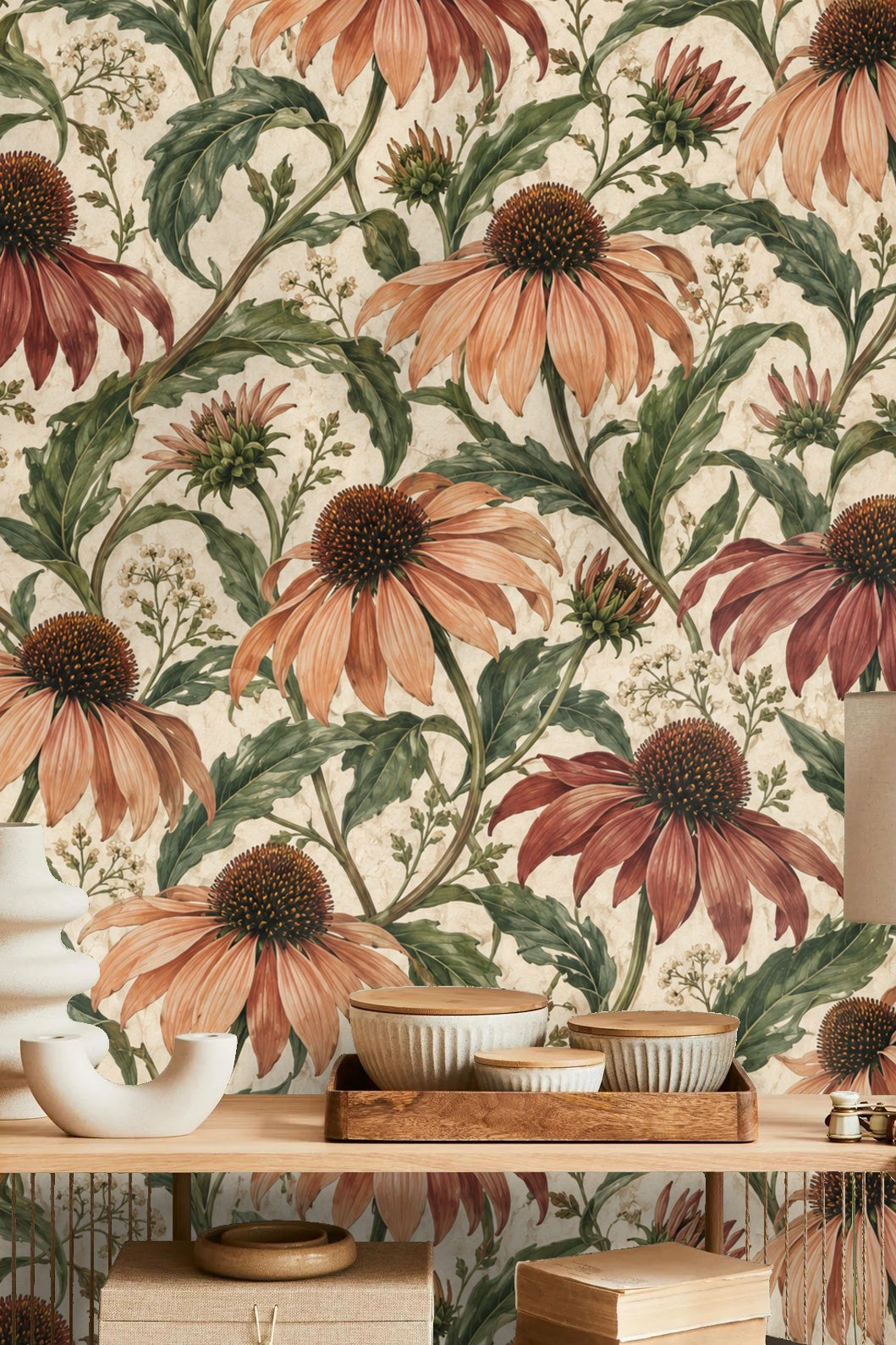 Wallpaper pattern showing intertwined stems and textured background.