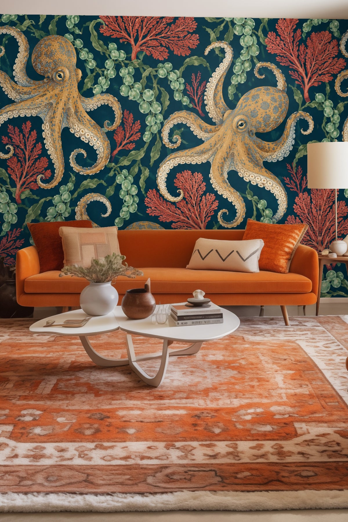 Detailed close-up of octopus wallpaper showing tentacles and coral motifs