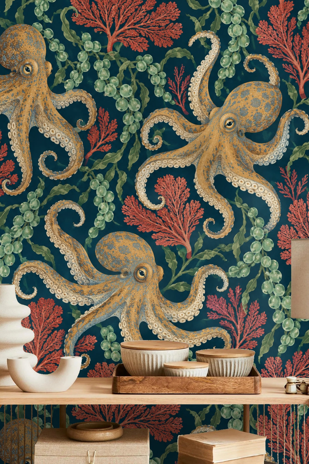 Octopus Tide Wallpaper wallpaper shown in an interior setting