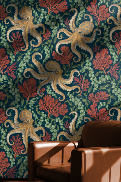 Living room with orange sofa against octopus tide wallpaper accent wall
