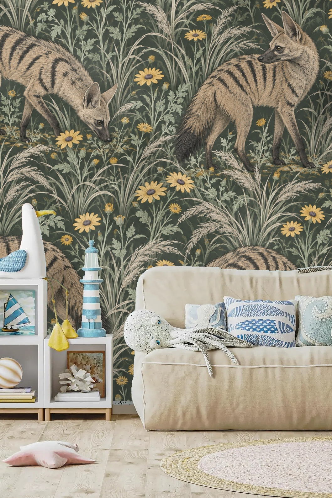 Hand comparing two wallpaper panels next to white cup and dried leaves