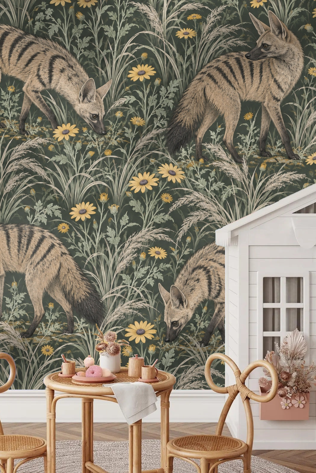 Detailed view of aardwolf walking through grass and yellow flowers