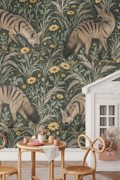 Detailed view of aardwolf walking through grass and yellow flowers