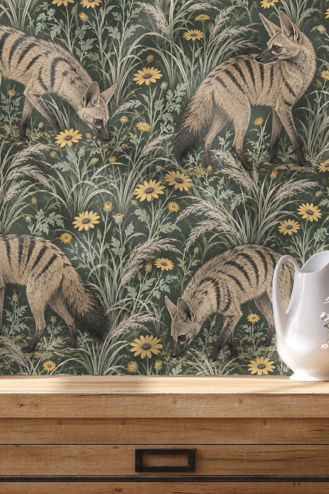 Four aardwolf figures arranged in repeating pattern on wallpaper