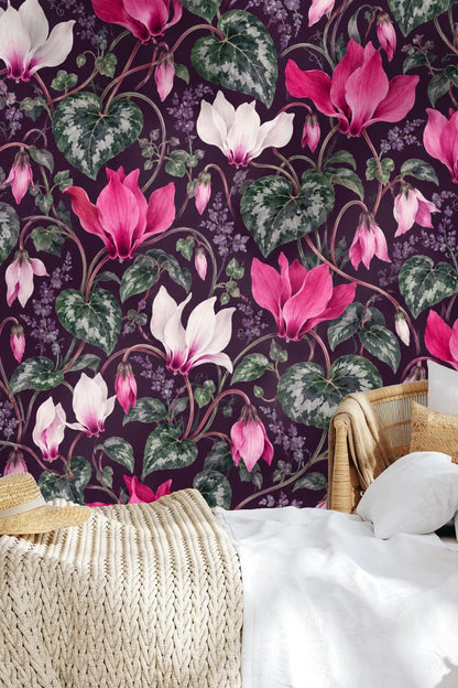 Living space showing the scale of the floral pattern against orange sofa