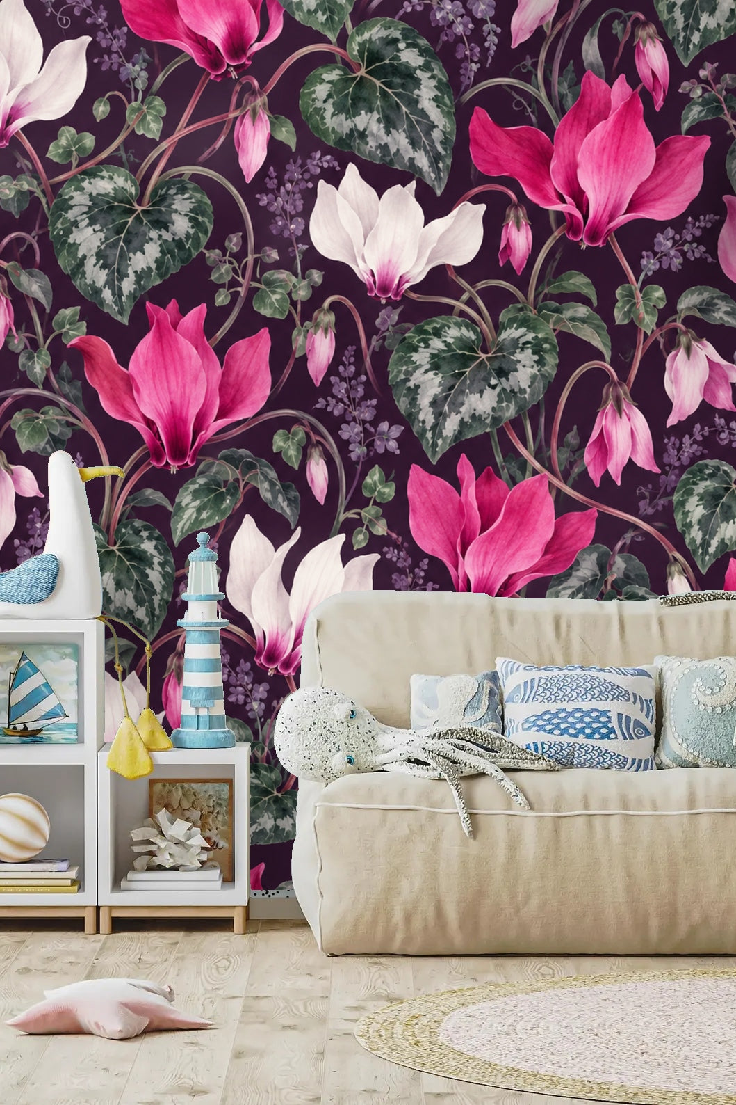 Purple sprig accents interspersed among cyclamen flowers and leaves
