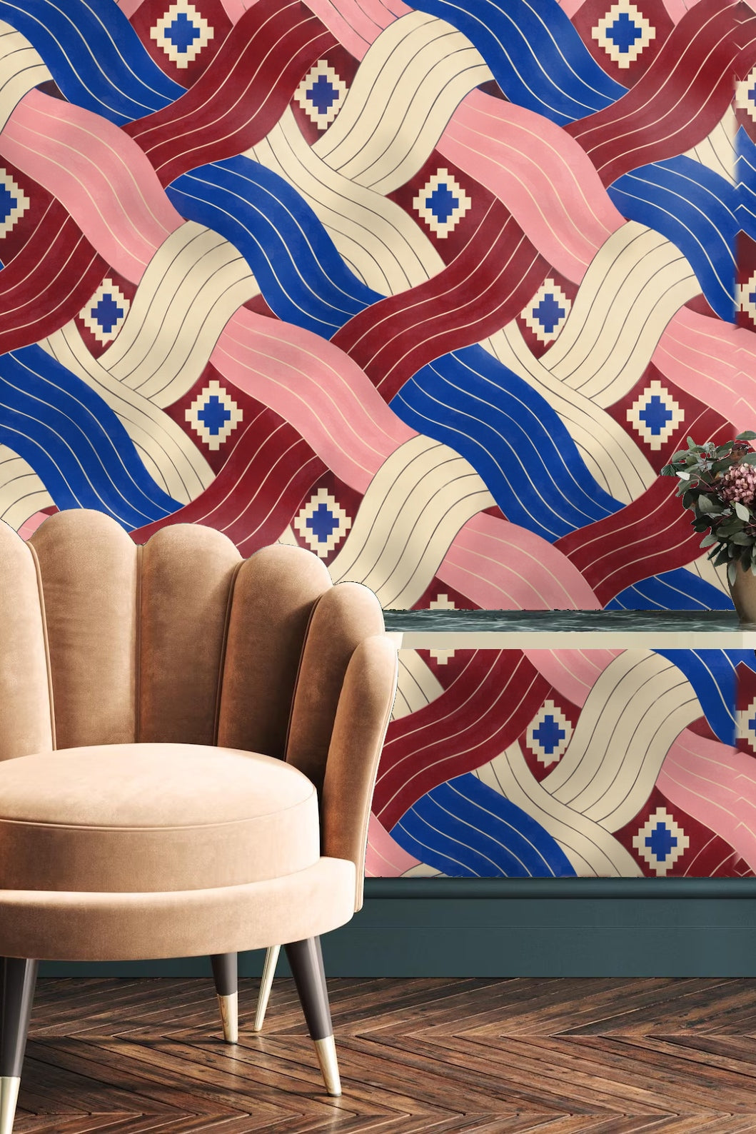 Cobalt Pleated Current wallpaper shown in an interior setting