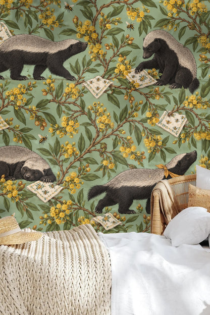 Pattern repeat showing multiple honey badgers interacting with embroidered cloths