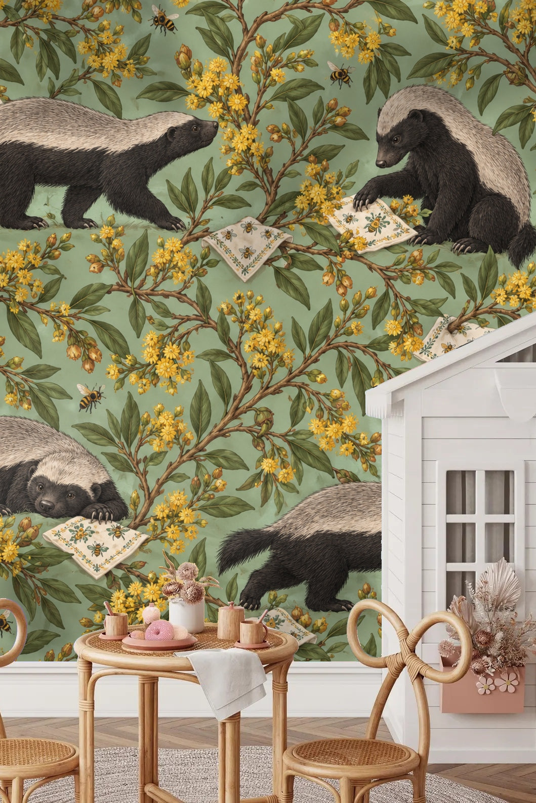 Close-up of honey badger honeybush wallpaper showing embroidered cloth detail and floral branches