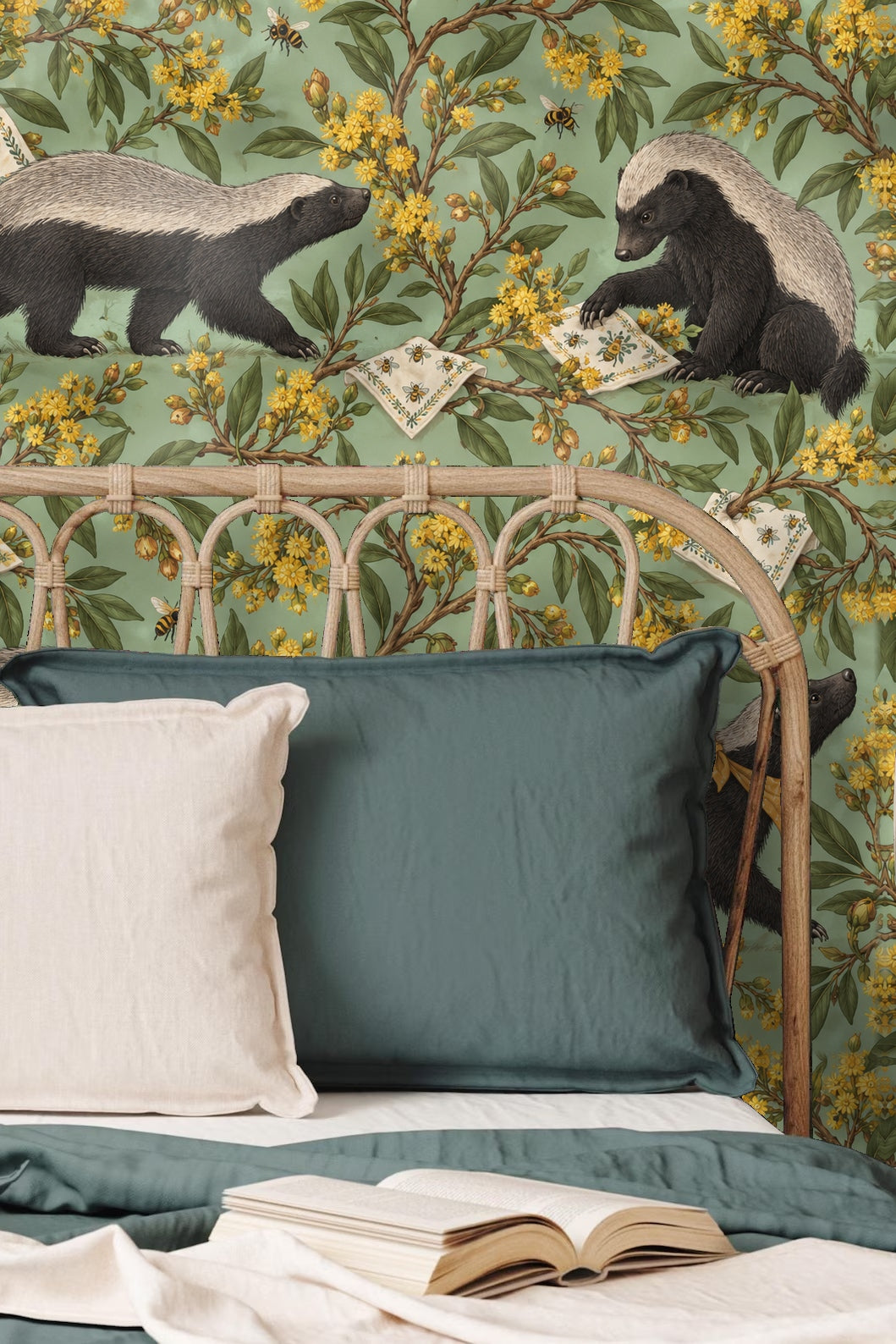 Honey badger lying down resting on an embroidered cloth among honeybush flowers