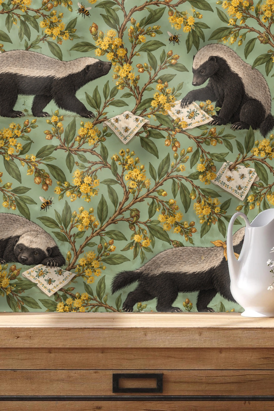 Living room with honey badger honeybush wallpaper behind an orange sofa and white coffee table