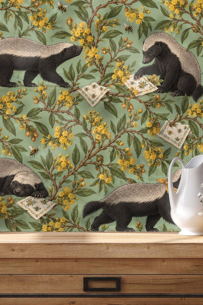 Living room with honey badger honeybush wallpaper behind an orange sofa and white coffee table