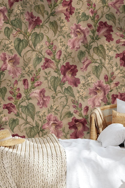Close view of twisting green vine details on wallpaper