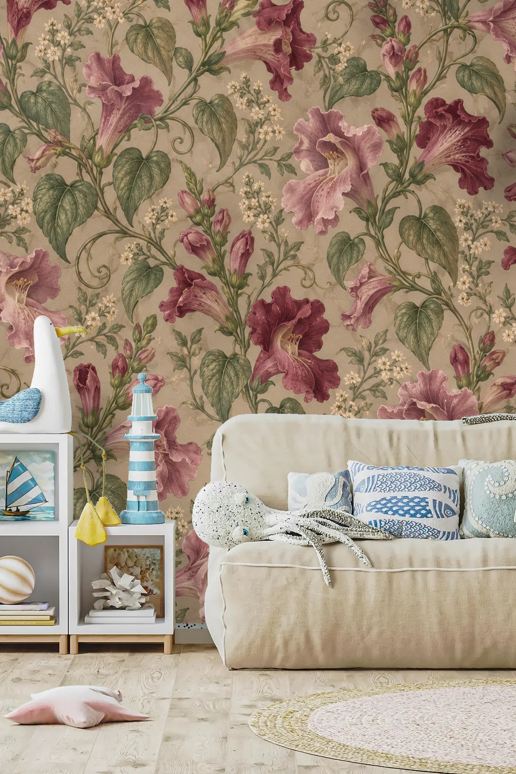 Textured wall with floral mauve and green botanical pattern