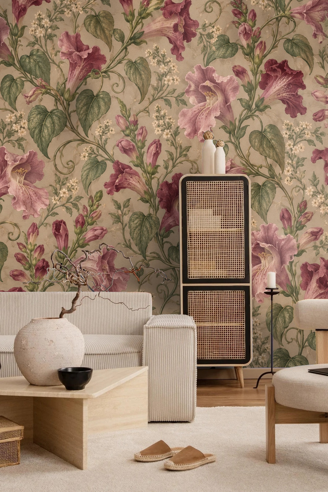 Children's playroom wall featuring Maurandya Rose Scroll wallpaper with a white playhouse and rattan furniture