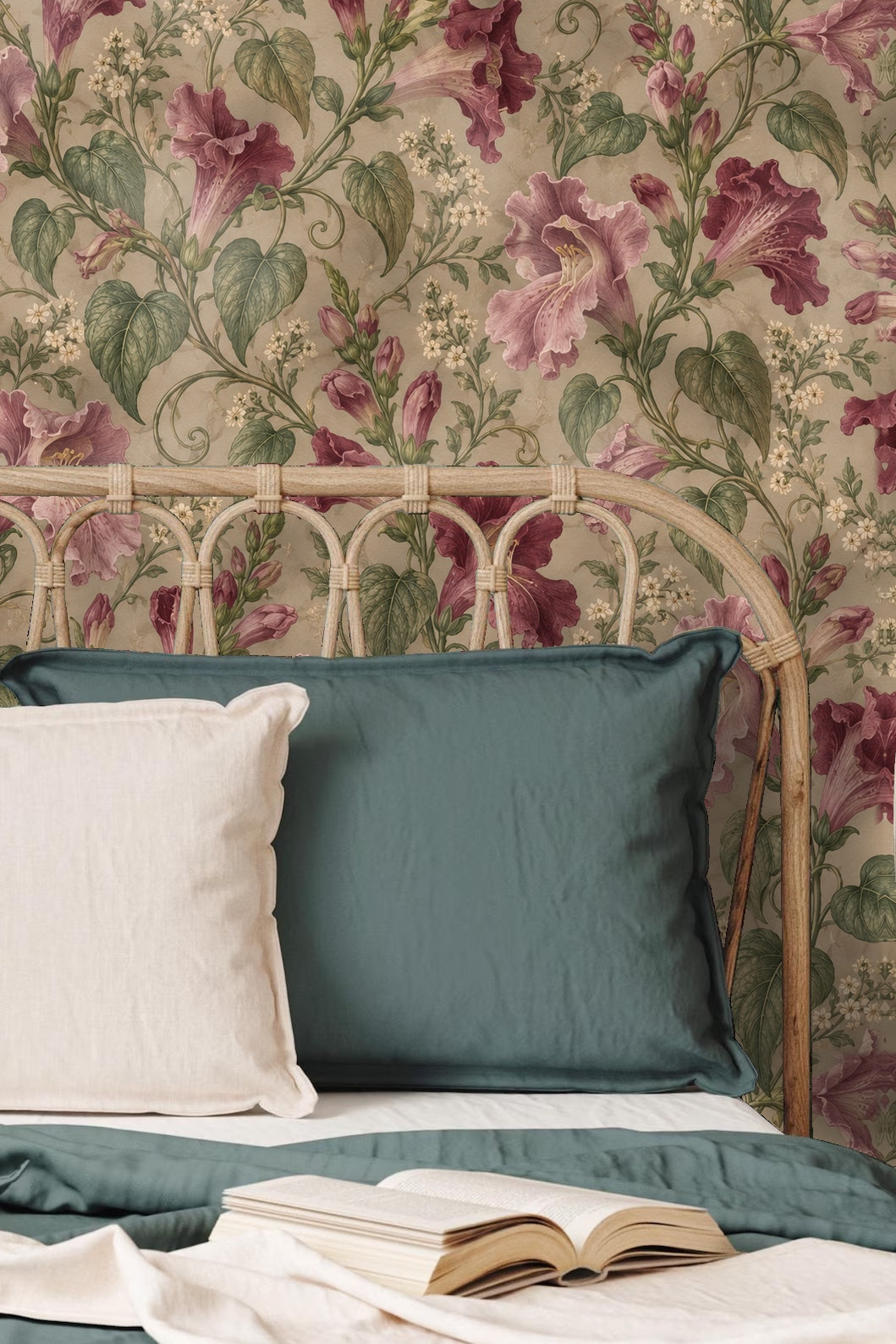 Green heart-shaped leaves intertwining with floral vines on wallpaper