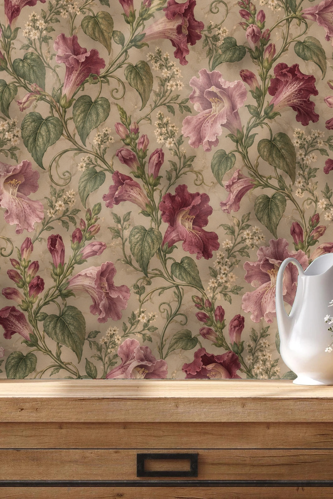 Detail of mauve trumpet-shaped flowers on botanical wallpaper