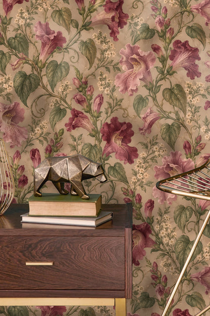 Small white flowers scattered amid twisting vines in wallpaper design