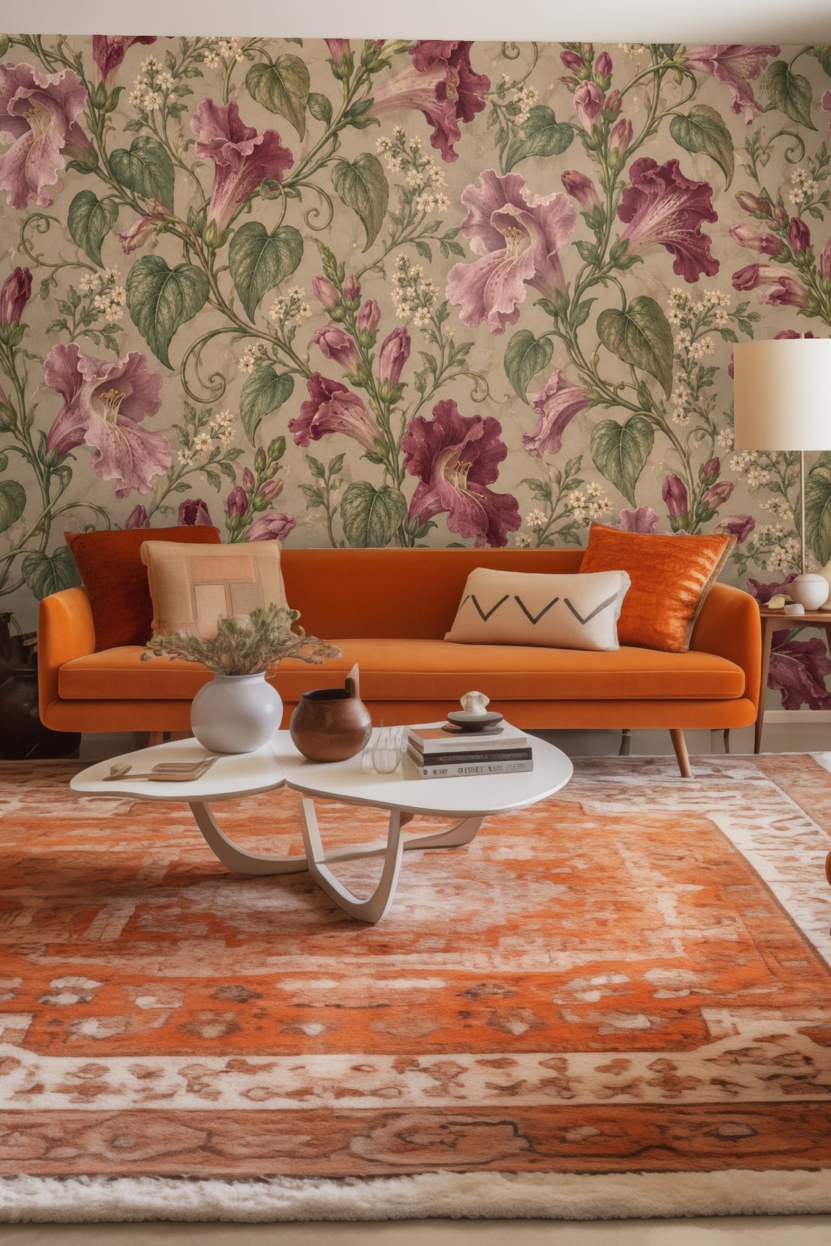 Close-up of Maurandya Rose Scroll wallpaper artwork showing detailed botanical trumpet flowers and leaves