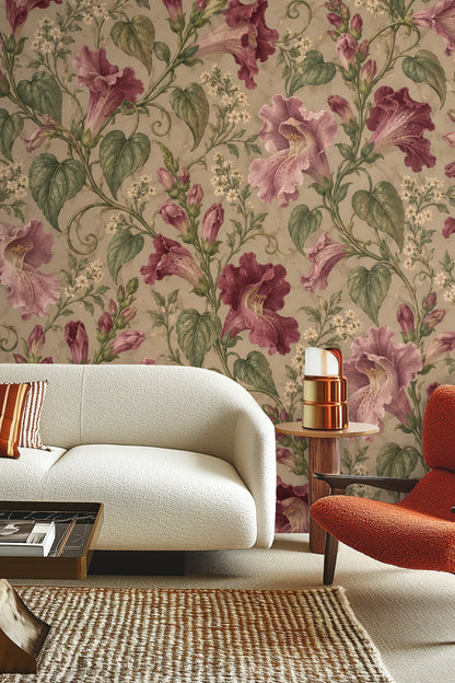 Decorative pillows and orange sofa set against floral wallpaper