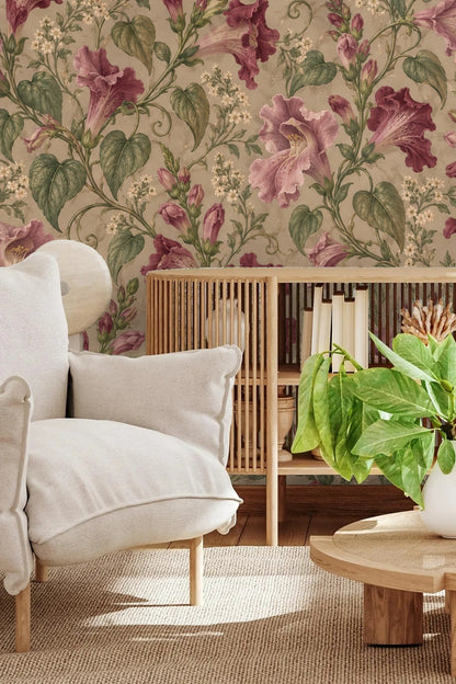 Children's playroom with botanical wallpaper and white wooden playhouse