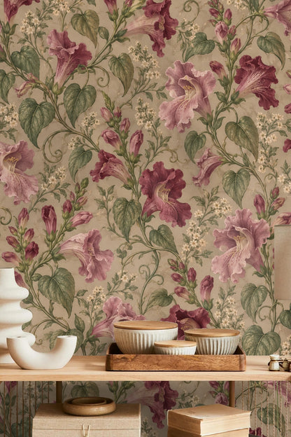 Wallpaper-covered wall with warm floral pattern in living room setting