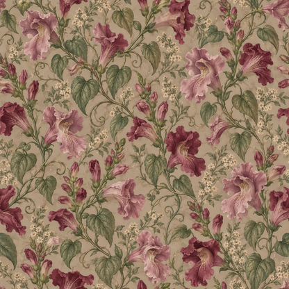 Interior wall showcasing vintage style rose scroll wallpaper