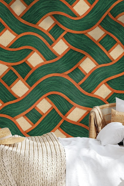 Artistically lit close-up showing the embossed look of Malachite Basketwave wallpaper.