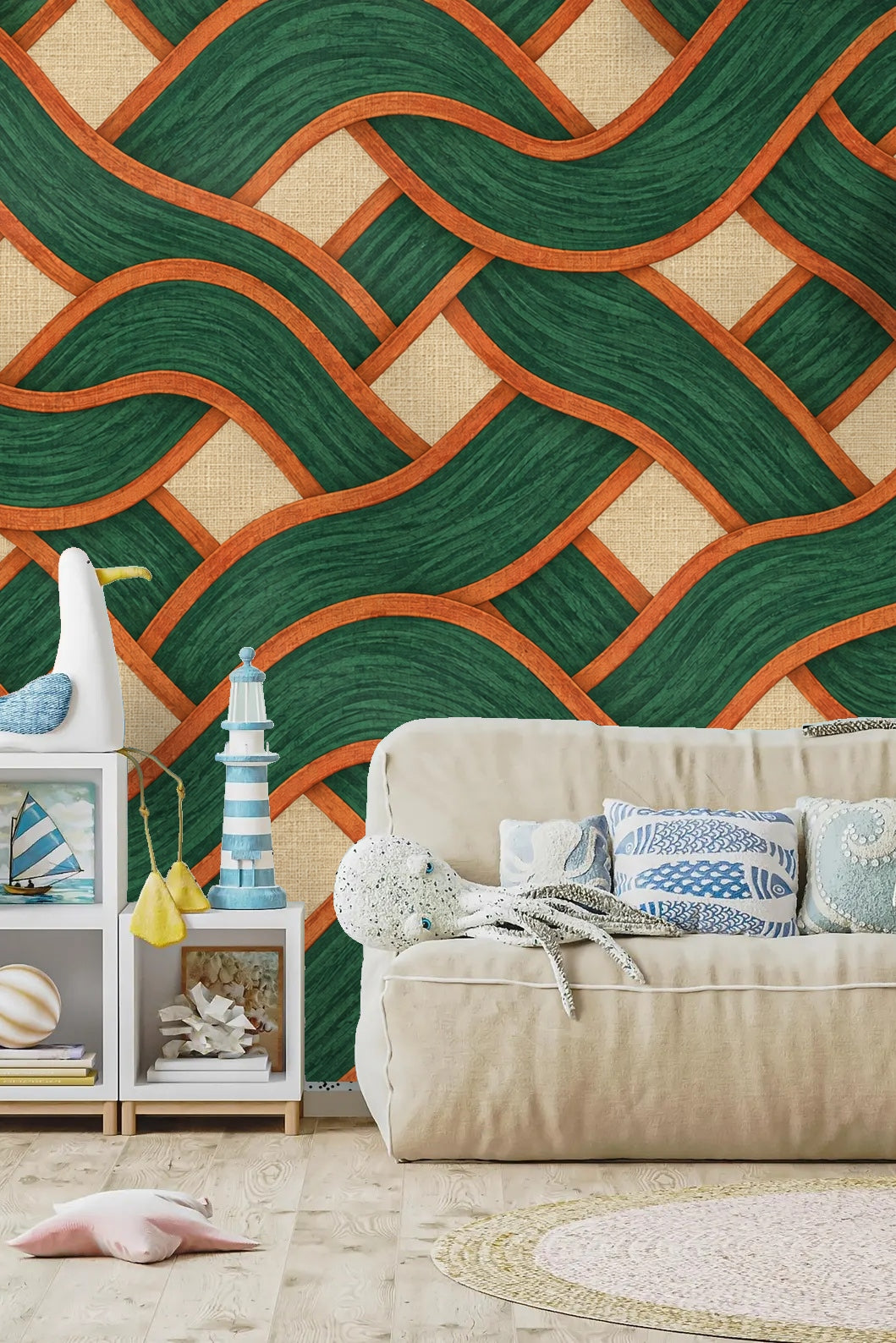 Partial wallpaper section with emphasis on the basket weave structure and color layering.