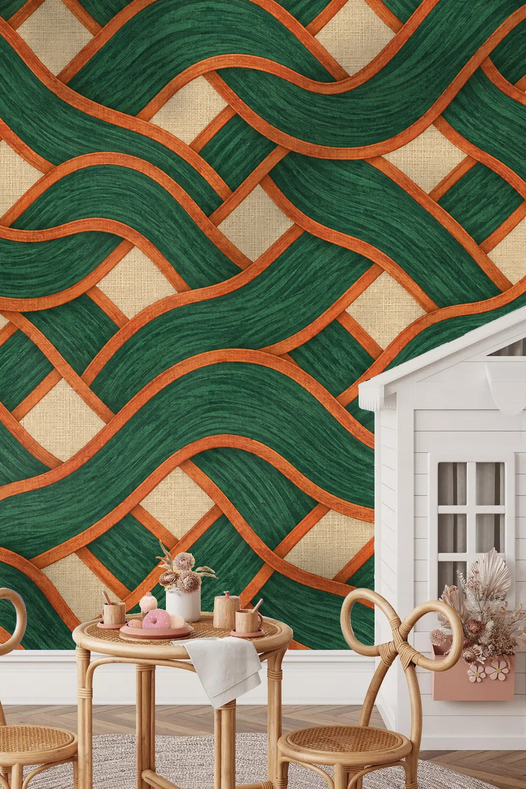 Detail shot of the intersecting curved ribbons in Malachite Basketwave wallpaper emphasizing the woven illusion.