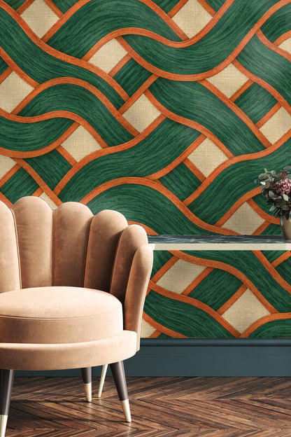 View of wallpaper from a corner showing repeat pattern of green and terracotta weaves on textured beige.