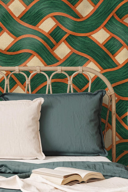 Partial wall installation of Malachite Basketwave wallpaper in a stylish office setting with mid-century chair.