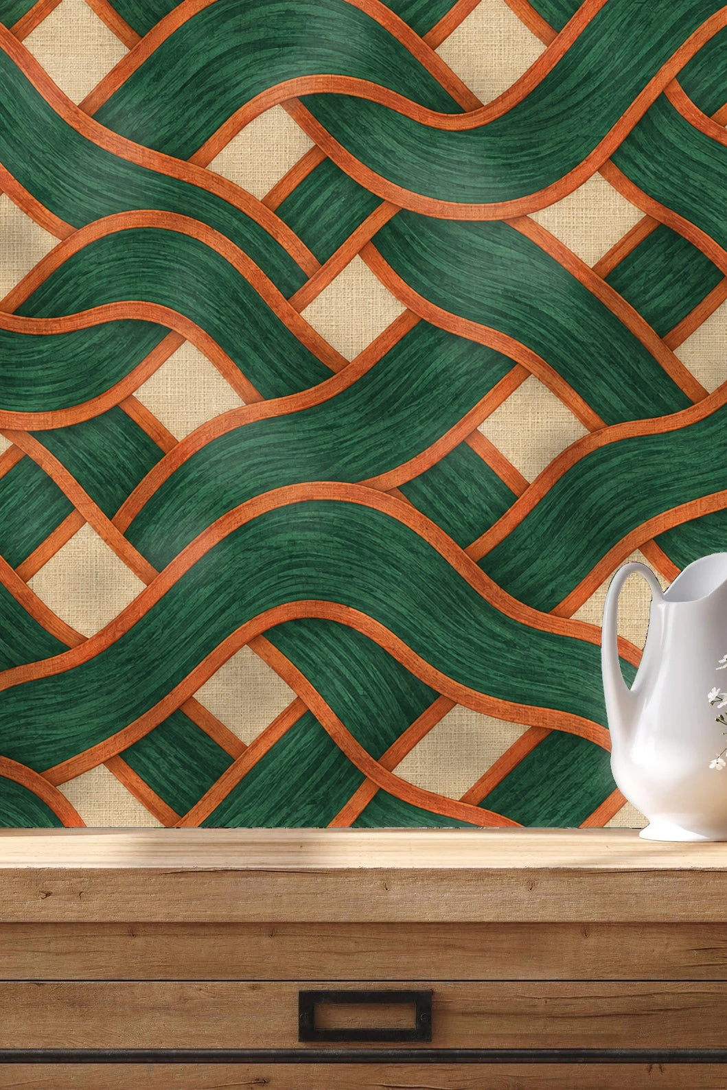 Side view of Malachite Basketwave wallpaper with a bronze bear sculpture on dark wood furniture, highlighting pattern detail and texture.