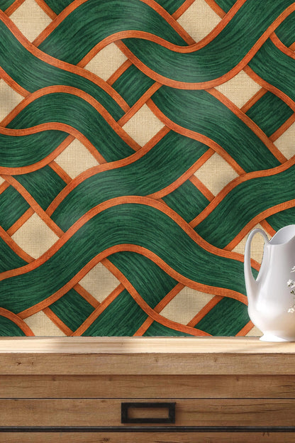 Side view of Malachite Basketwave wallpaper with a bronze bear sculpture on dark wood furniture, highlighting pattern detail and texture.