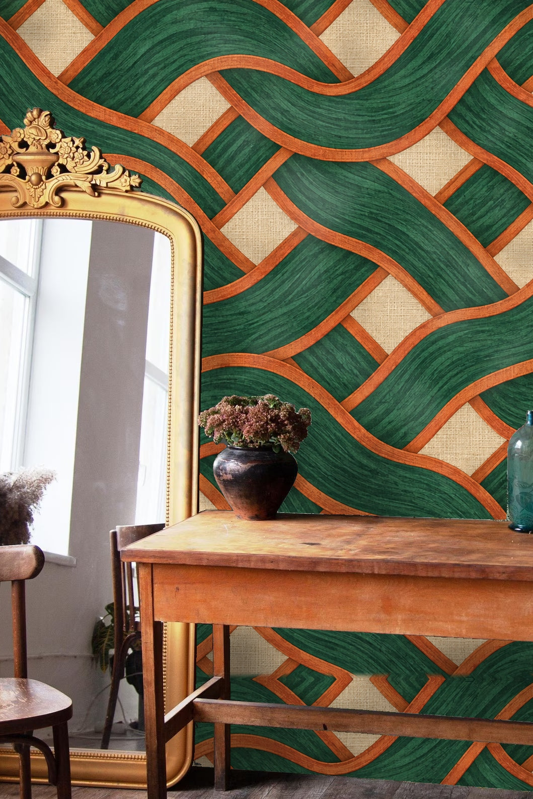 Close-up showing woodgrain texture effect within the green ribbons of the wallpaper.