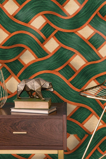Living room with Malachite Basketwave wallpaper behind an orange sofa and white modern coffee table, showcasing room scale and atmosphere.