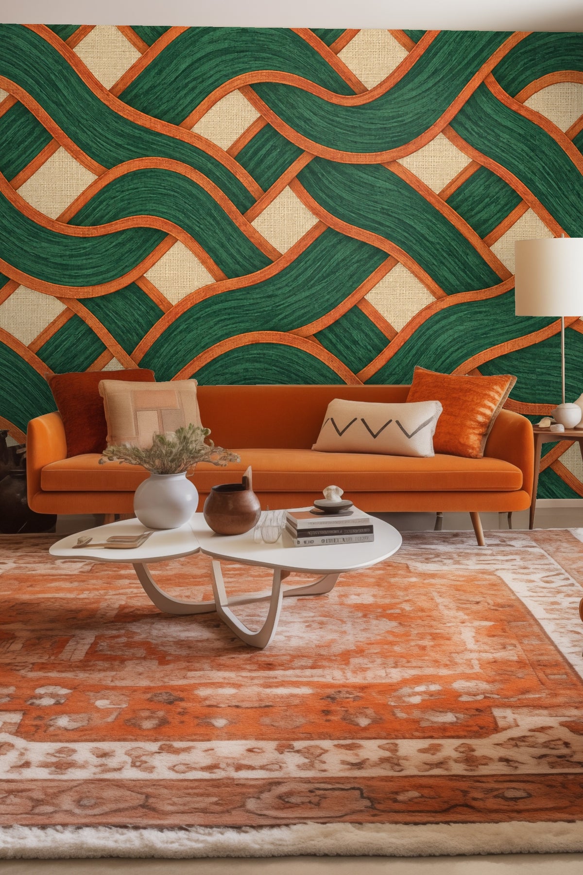 Close-up of Malachite Basketwave wallpaper showing curved emerald green ribbons edged in terracotta over a textured beige background.