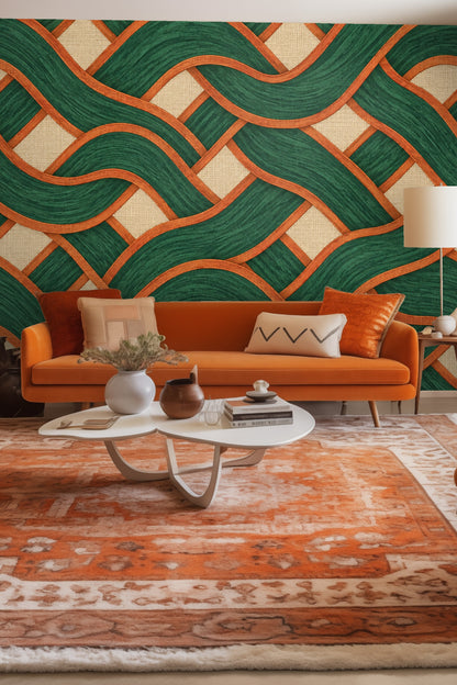 Close-up of Malachite Basketwave wallpaper showing curved emerald green ribbons edged in terracotta over a textured beige background.