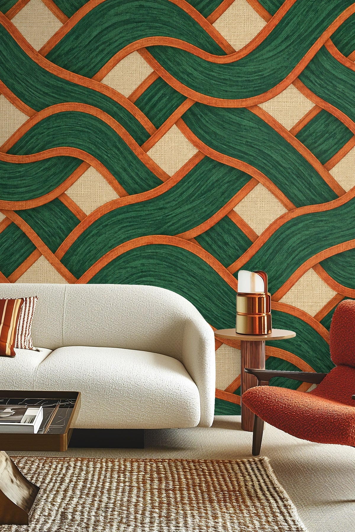 Texture focus of the terracotta edging around the green ribbons in the wallpaper pattern.