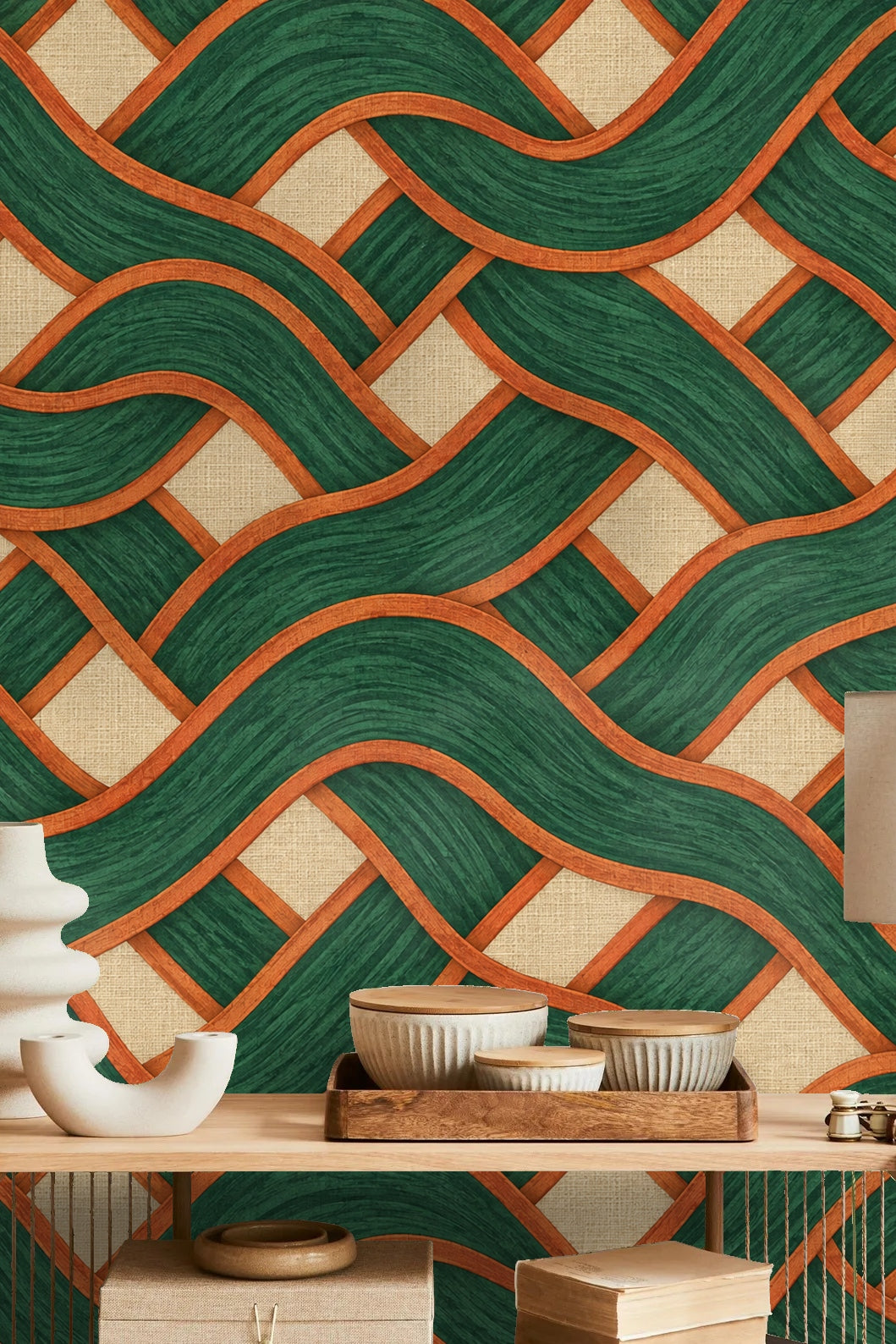 Wide angle of a room featuring Malachite Basketwave wallpaper highlighting its scale and vibrant color contrast.