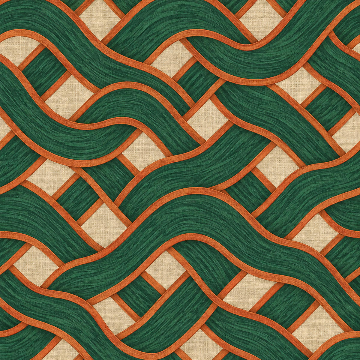 Wallpaper sample rolled out flat exhibiting the continuous, seamless pattern of Malachite Basketwave.