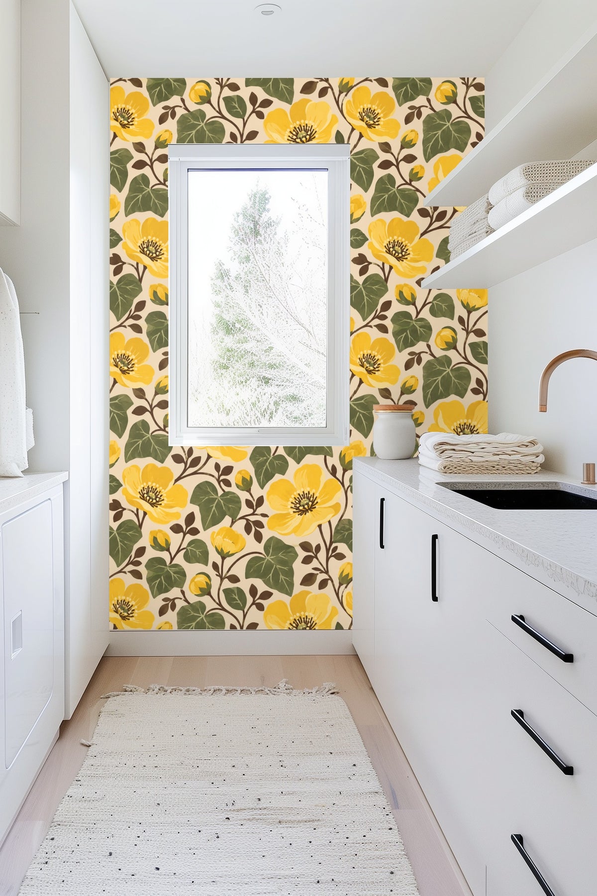 Buttercup flower buds alongside fully bloomed flowers on wallpaper pattern