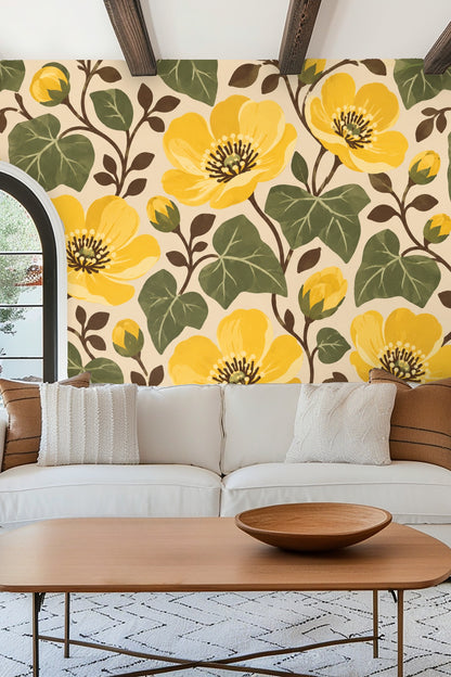 Bedroom wall with Buttercup Bloom Classic wallpaper behind mustard yellow velvet headboard
