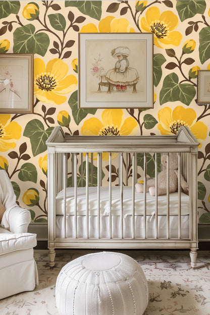 Living room with Buttercup Bloom Classic wallpaper on center wall behind a white sofa and wooden table