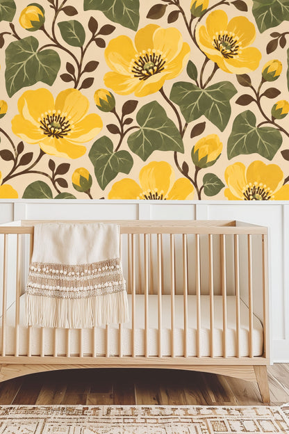 Buttercup Bloom Classic wallpaper creating bright, cozy atmosphere in room