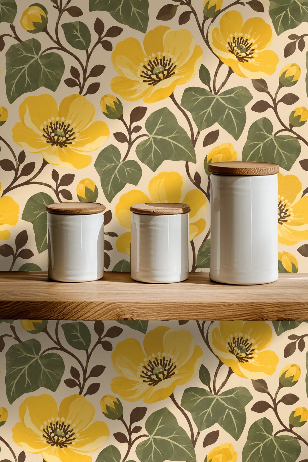 Curved stems with small brown leaves creating flow on wallpaper