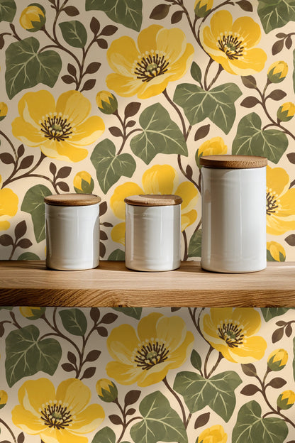 Curved stems with small brown leaves creating flow on wallpaper