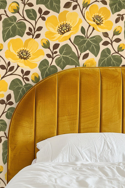 Detail of Buttercup Bloom Classic wallpaper showing large yellow flowers and green leaves on cream background