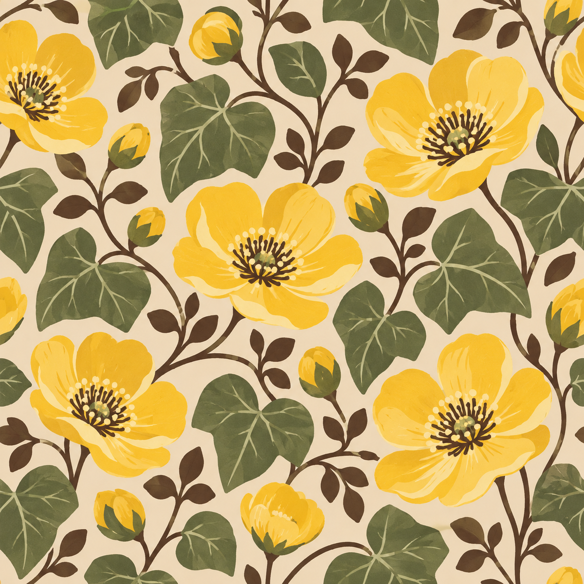 Abstracted leaf veins and stem details in muted olive and brown hues