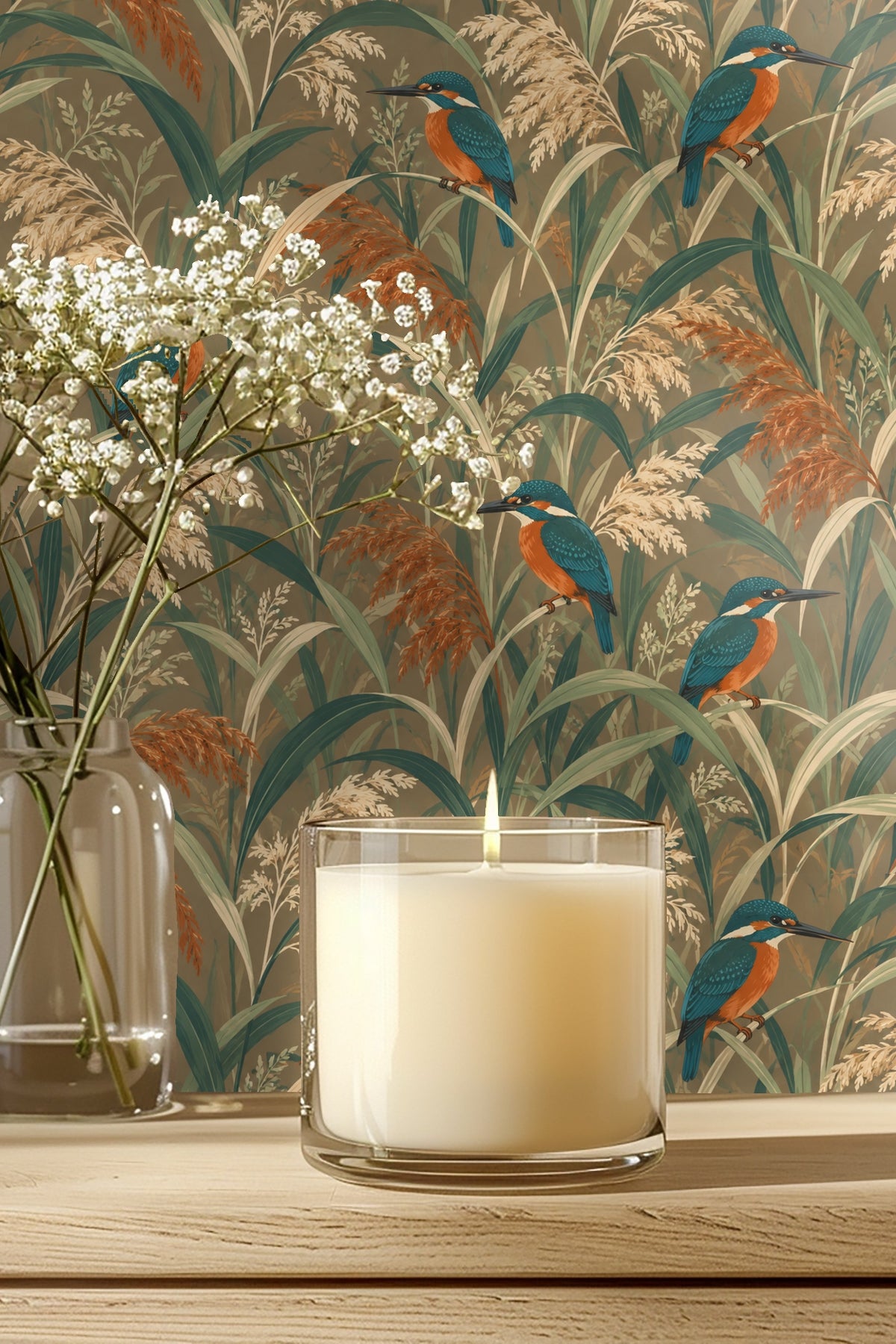Detailed wallpaper pattern featuring vibrant blue and orange kingfishers perched on tall green and rust-colored reeds.
